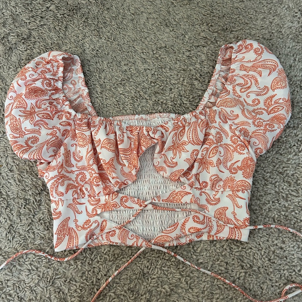 SHEIN Orange and Pink Puff Sleeve Ruched Blouse